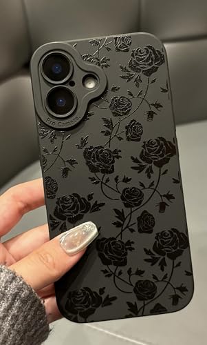 Jusnfu Schutzhülle für iPhone 16 15.5 cm 2024, ästhetische Rose Blumendruck, Handyhülle für Damen, Mädchen, Männer, schlanke Silikon-Schutzhülle für iPhone 16, schwarze Blume von Jusnfu