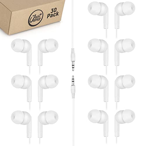 JustJamz® Basic | 30 Pack | Pearl White in-Ear Earbuds | Disposable Earphones | Affordable Headphones | 3.5 MM Audio Jack Earbuds for Schools, Kids, Classrooms & Libraries von JustJamz