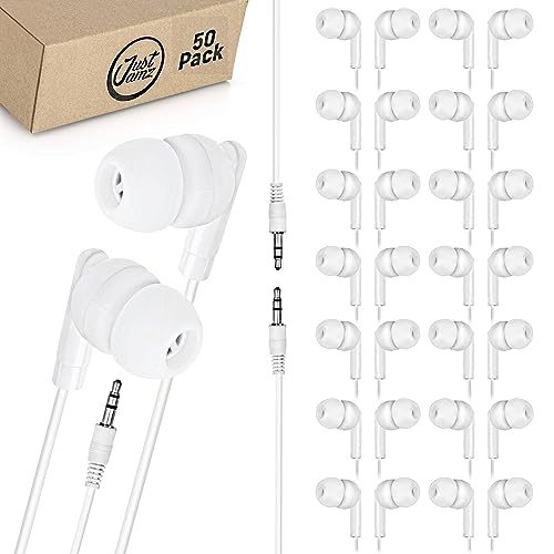 JustJamz® Basic | 50 Pack | Pearl White in-Ear Earbuds | Disposable Earphones | Affordable Headphones | 3.5 MM Audio Jack Earbuds for Schools, Kids, Classrooms & Libraries von JustJamz