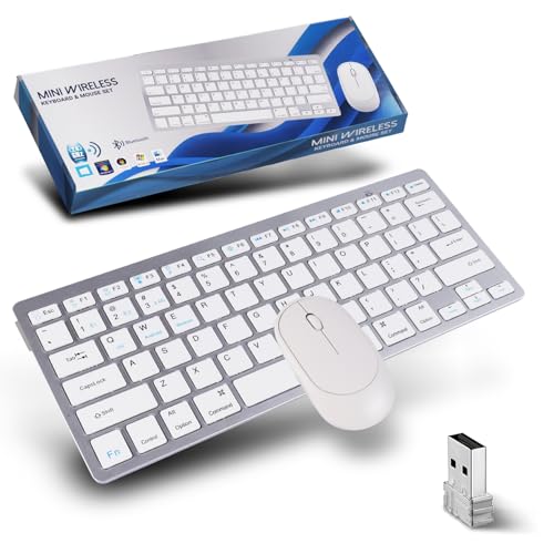 Kabellose Tastatur und Maus, Bluetooth 5.2 + 2,4 G, leise, mit Nano-USB-Empfänger, Mini-Tastatur, ultradünn, kabellos, für iPad, Mac, PC, Laptop, Tablet, US QWERTY, Silber/Weiß Kabellose Tastatur und Maus, Bluetooth 5.2 + 2,4 G, leise, mit Nano-USB-Empfänger, Mini-Tastatur, ultradünn, kabellos, für iPad, Mac, PC, Laptop, Tablet, US QWERTY, Silber/Weiß von Justdfine
