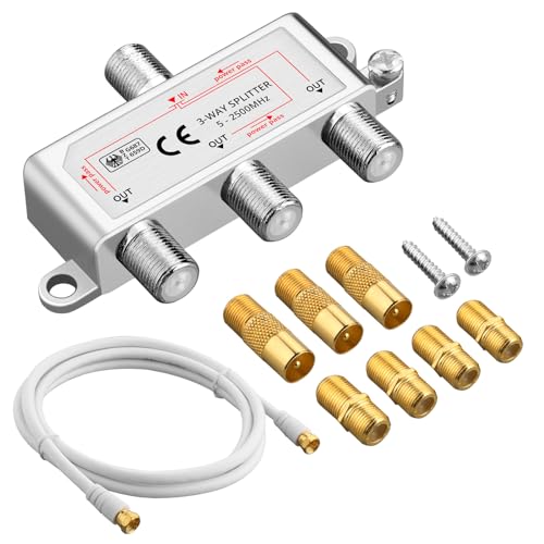 3-Fach TV Radio F-Stecker Adapter Kabel Antennen Verteiler SAT Splitter Metall TV-Verteiler 5-2500MHz inkl. Adapter + Kabel + 3 x F Stecker auf Koax Stecker + 4 x F Buchse auf Koax Kupplung von Justech