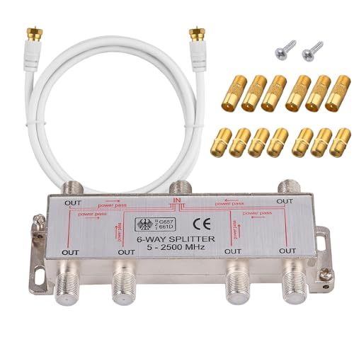 6-Fach TV Radio F-Stecker Adapter Kabel Antennen Verteiler SAT Splitter Metall TV-Verteiler inkl. Adapter + 1.5m Kabel + 6 x F Stecker auf Koax Stecker + 7 x F Buchse auf Koax Kupplung von Justech