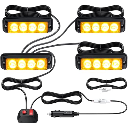 Justech 4er Warnlicht Stroboskoplicht Bernstein Warnung Beacon Mit KFZ-Ladegerät Notfall Licht Achtung Blinklicht 12V 24V Universal für Auto Fahrzeug Truck Trailer Caravan Camper Van von Justech