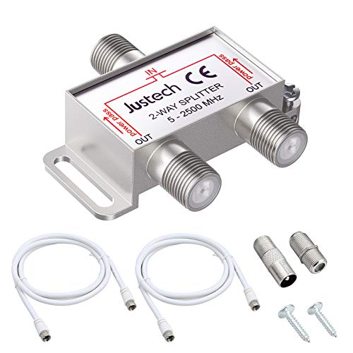 Justech SAT-Verteiler 2-Fach Splitter 2-Wege Verteiler TV Radio F-Stecker Adapter TV Fernseh Adapter mit 2x 1.5m Kabel + 1x F Stecker auf Koax Stecker + 1x F Buchse auf Koax Kupplung Justech SAT-Verteiler 2-Fach Splitter 2-Wege Verteiler TV Radio F-Stecker Adapter TV Fernseh Adapter mit 2x 1.5m Kabel + 1x F Stecker auf Koax Stecker + 1x F Buchse auf Koax Kupplung von Justech