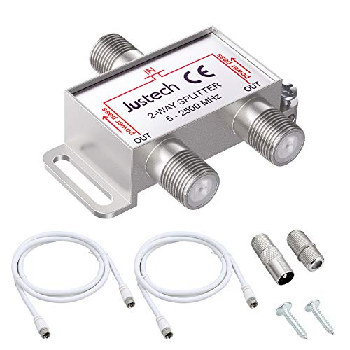 Justech SAT-Verteiler 2-Fach Splitter 2-Wege Verteiler TV Radio F-Stecker Adapter TV Fernseh Adapter mit 2X 1.5m Kabel + 1x F Stecker auf Koax Stecker + 1x F Buchse auf Koax Kupplung von Justech