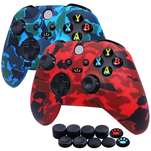 [2 Stück] Jusy Silikon Hülle für Xbox Series X/S Controller, Anti-Rutsch Anti-Schweiß Controller Hülle Skin Case x 2 mit FPS PRO Thumbsticks Thumb Grips Aufsätze x 10 (Blau+Rot) von Jusy