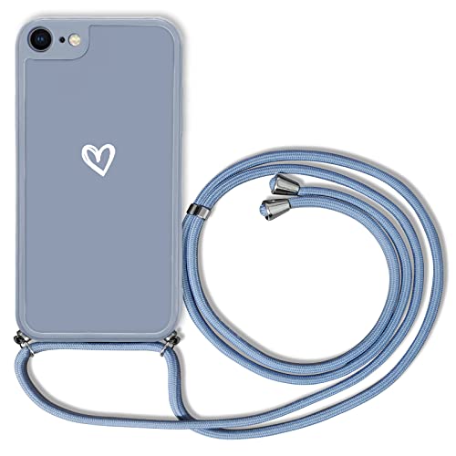 Jusy Hülle Kompatibel mit iPhone 7, iPhone 8, iPhone SE Hülle, Weiches Silikon Umhängen HandyHülle Silikon Ultra dünn Case Herz Design mit Band Necklace Handykette Schutzhülle für iPhone (blaugrau) von Jusy