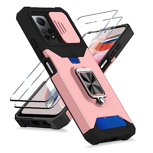 Jusy Hülle für Xiaomi Redmi Note 12 Pro 4G Kameraschutz Handyhülle, mit 2 Displayschutzfolie, Kartenfach Slot und Metall Ring Halter Militär Standard Stoßfest Case Rose Gold von Jusy