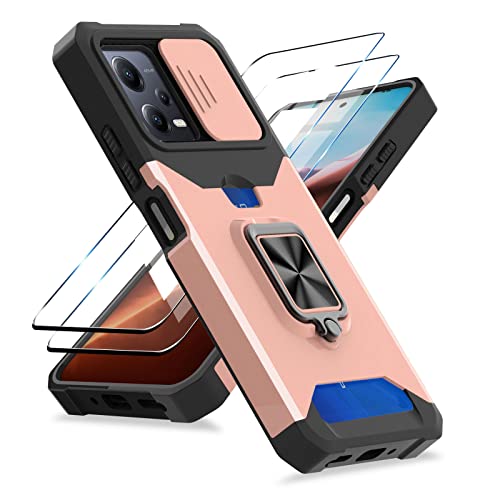 Jusy Hülle für Xiaomi Redmi Note 12 Pro 5G Kameraschutz Handyhülle, mit 2 Displayschutzfolie, Kartenfach Slot und Metall Ring Halter Militär Standard Stoßfest Case Rose Gold von Jusy