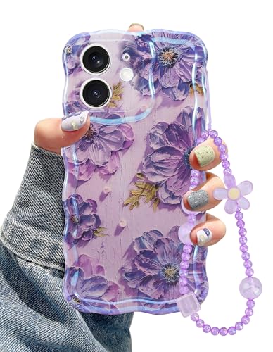 Jusy Kompatibel mit iPhone 12, mit Armbandkette, buntes Retro-Ölgemälde, Blume, Laser, glänzendes Muster, niedlich, gelockt, weiche TPU-Schutzhülle für Mädchen, Violett von Jusy