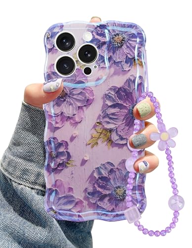 Jusy Kompatibel mit iPhone 12 Pro Max, mit Armbandkette, buntes Retro-Ölgemälde, Blume, Laser, glänzendes Muster, niedlich, lockige Wellen, weiche TPU-Schutzhülle für Mädchen, Violett Jusy Kompatibel mit iPhone 12 Pro Max, mit Armbandkette, buntes Retro-Ölgemälde, Blume, Laser, glänzendes Muster, niedlich, lockige Wellen, weiche TPU-Schutzhülle für Mädchen, Violett von Jusy
