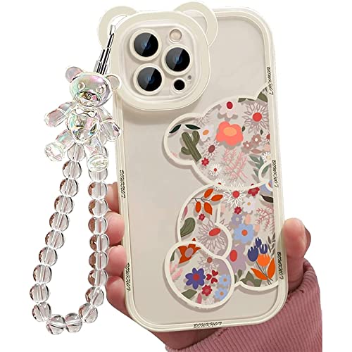 Jusy Kompatibel mit iPhone 13 Pro Hülle, süße Blumen Floral Bär Abdeckung mit schöner Handgelenkschlaufe Armbandkette für Mädchen Frauen, klare Kawaii Kamera Schutz Hübsche Trendige Telefonhülle von Jusy