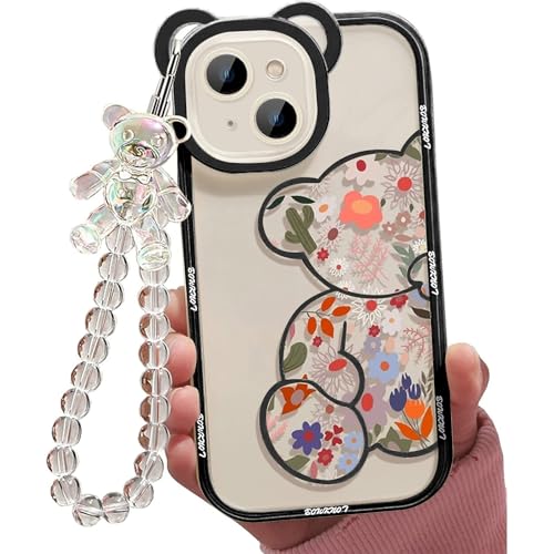 Jusy Kompatibel mit iPhone 14 Hülle,Süße Blumen Floral Bär Abdeckung mit Schöner Handgelenkschlaufe Armbandkette für Mädchen Frauen, Klare Kawaii Kamera Schutz Hübsche Telefonhülle,Schwarz von Jusy