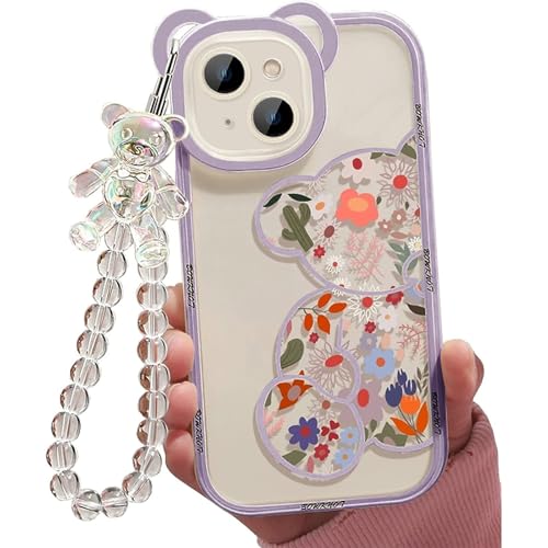 Jusy Kompatibel mit iPhone 14 Hülle,Süße Blumen Floral Bär Abdeckung mit Schöner Handgelenkschlaufe Armbandkette für Mädchen Frauen, Klare Kawaii Kamera Schutz Hübsche Telefonhülle,Violett Jusy Kompatibel mit iPhone 14 Hülle,Süße Blumen Floral Bär Abdeckung mit Schöner Handgelenkschlaufe Armbandkette für Mädchen Frauen, Klare Kawaii Kamera Schutz Hübsche Telefonhülle,Violett von Jusy
