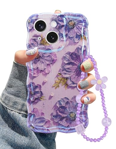 Jusy Kompatibel mit iPhone 15, mit Armbandkette, buntes Retro-Ölgemälde, Blume, Laser, glänzendes Muster, niedlich, gelockt, weiche TPU-Schutzhülle für Mädchen, Violett Jusy Kompatibel mit iPhone 15, mit Armbandkette, buntes Retro-Ölgemälde, Blume, Laser, glänzendes Muster, niedlich, gelockt, weiche TPU-Schutzhülle für Mädchen, Violett von Jusy