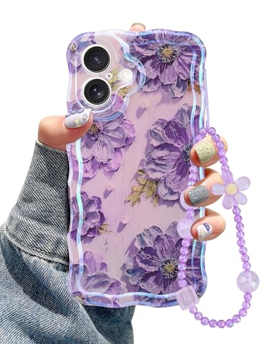 Jusy Kompatibel mit iPhone 16, mit Armbandkette, buntes Retro-Ölgemälde, Blume, Laser, glänzendes Muster, niedlich, gelockt, weiche TPU-Schutzhülle für Mädchen, Violett Jusy Kompatibel mit iPhone 16, mit Armbandkette, buntes Retro-Ölgemälde, Blume, Laser, glänzendes Muster, niedlich, gelockt, weiche TPU-Schutzhülle für Mädchen, Violett von Jusy