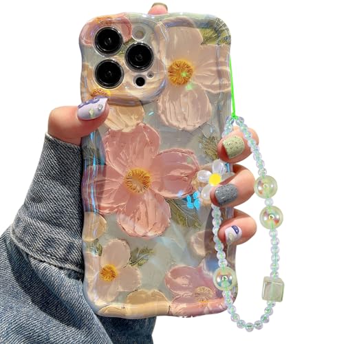 Jusy Ölgemälde-Blume, kompatibel mit iPhone 11 Pro Max Hülle, mit Armbandkette, buntes Retro-Blumenmuster, niedlicher lockiger Wellenrahmen, für Frauen und Mädchen, Abdeckung für Apple 11 Pro Max (6,5 von Jusy