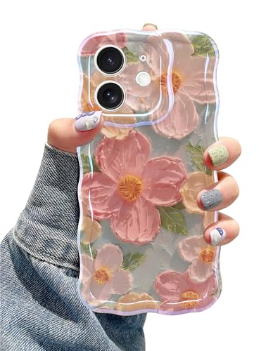 Jusy Ölgemälde Blume Kompatibel mit iPhone 12 Hülle, Bunte Retro Blumen Niedlich Gelockt Wellenrahmen Frauen Mädchen Abdeckung für Apple 12 (6,1 Zoll) von Jusy