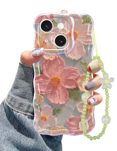 Jusy Ölgemälde Blumen Handyhülle Kompatibel mit iPhone 13 mit Band, Bunte Retro-Blume, Niedlicher Lockiger Wellenrahmen, Damen und Mädchen Schutzhülle (Grün) von Jusy
