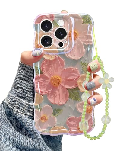 Jusy Ölgemälde Blumen Handyhülle Kompatibel mit iPhone 15 Pro Max mit Band, Bunte Retro-Blume, Niedlicher Lockiger Wellenrahmen, Damen und Mädchen Schutzhülle (Grün), CDD5U9-1 von Jusy