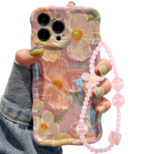 Jusy Schutzhülle für Apple 11 Pro Max mit Ölgemälde-Blume kompatibel mit iPhone 11 Pro Max mit Armbandkette buntes Retro-Blumenmuster niedlicher Wellenrahmen für Damen und Mädchen Rosa CD10U9-PI-1 von Jusy