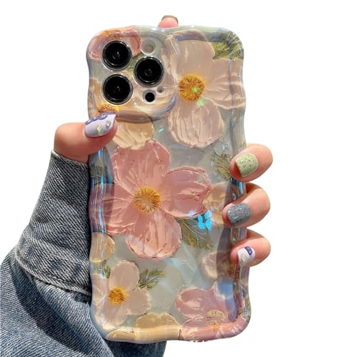 Jusy Schutzhülle für iPhone 11 Pro Max, Motiv: Ölgemälde, Blume, buntes Retro-Blumenmuster, niedlicher gewellter Rahmen, für Damen und Mädchen, Grün von Jusy