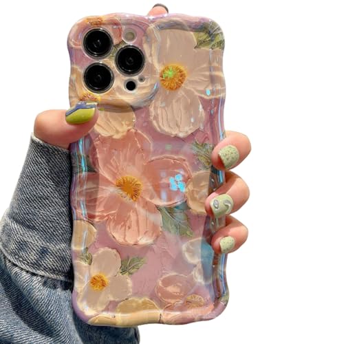 Jusy Schutzhülle für iPhone 11 Pro Max, Motiv: Ölgemälde, Blume, buntes Retro-Blumenmuster, niedlicher gewellter Rahmen, für Damen und Mädchen, Rosa von Jusy