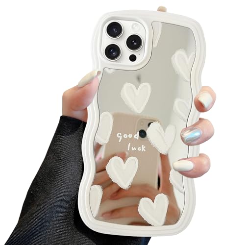 Jusy Schutzhülle für iPhone 13 Pro mit gewelltem Rand, niedliches weißes Herz, Spiegel, lockige Wellen-Rahmenform, stoßfestes, hartes Polycarbonat und weiches TPU-Stoßdämpferschutz für Frauen und Jusy Schutzhülle für iPhone 13 Pro mit gewelltem Rand, niedliches weißes Herz, Spiegel, lockige Wellen-Rahmenform, stoßfestes, hartes Polycarbonat und weiches TPU-Stoßdämpferschutz für Frauen und von Jusy