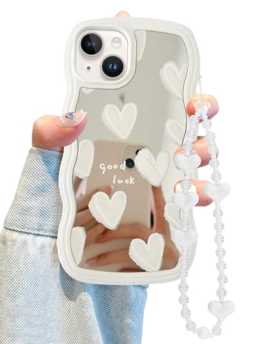 Jusy Schutzhülle für iPhone 13 mit gewelltem Rand, niedliches weißes Herz, Spiegel, lockige Wellen-Rahmenform, stoßfestes Hart-PC & weiches TPU-Stoßdämpferschutz für Frauen und Mädchen, mit Jusy Schutzhülle für iPhone 13 mit gewelltem Rand, niedliches weißes Herz, Spiegel, lockige Wellen-Rahmenform, stoßfestes Hart-PC & weiches TPU-Stoßdämpferschutz für Frauen und Mädchen, mit von Jusy