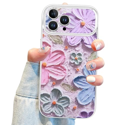 Jusy Schutzhülle für iPhone 14 Pro, Motiv: Ölgemälde, Blume, großes Fenster, Kamera-Objektivschutz, bunt, Retro-Blume, niedliche Hülle für Damen und Mädchen von Jusy
