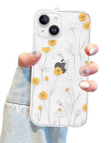 Jusy Transparente Schutzhülle für iPhone 15, für Damen, niedliches Blumendesign, weiches TPU, stoßfest, Gelb Jusy Transparente Schutzhülle für iPhone 15, für Damen, niedliches Blumendesign, weiches TPU, stoßfest, Gelb von Jusy