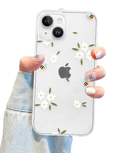 Jusy Transparente Schutzhülle für iPhone 15, für Damen, niedliches Blumendesign, weiches TPU, stoßfest, schützend, Bienen- und weiße Blume Jusy Transparente Schutzhülle für iPhone 15, für Damen, niedliches Blumendesign, weiches TPU, stoßfest, schützend, Bienen- und weiße Blume von Jusy
