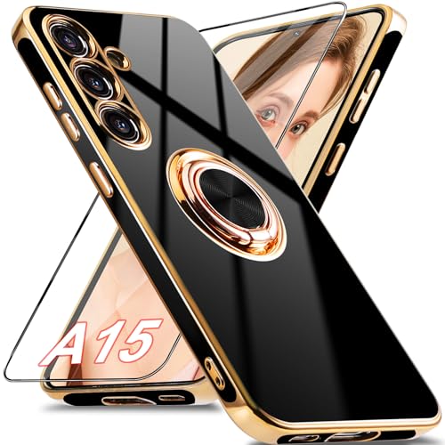 Jusy für Samsung Galaxy A15 Schutzhülle mit 360° Drehring, Magnetständer und Displayschutz - Stoßfestes Gehäuse mit luxuriösem Glanz-Finish und Elektroplattierung - Schwarz/Gold von Jusy