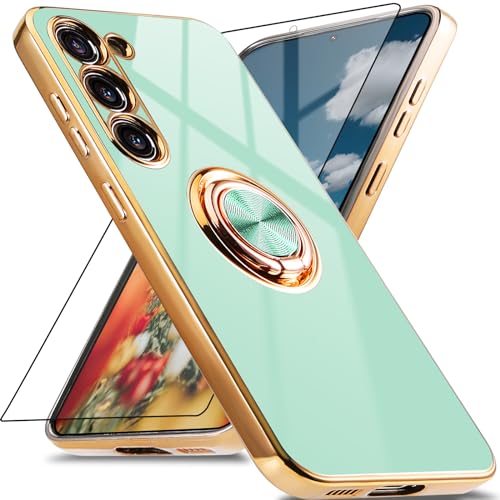 Jusy für Samsung Galaxy S23 Plus 5G Hülle, S23 Plus Schutzhülle mit Drehbarem Ring, Magnetständer und Displayschutzfolie, Stoßfeste Telefonabdeckung mit luxuriöser Glanzoberfläche & Galvanik (Minze) von Jusy