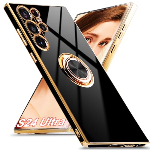 Jusy für Samsung Galaxy S24 Ultra 5G Schutzhülle mit 360° Drehring, Magnetständer und Displayschutz - Stoßfestes Gehäuse mit luxuriösem Glanz-Finish und Elektroplattierung - Schwarz/Gold von Jusy