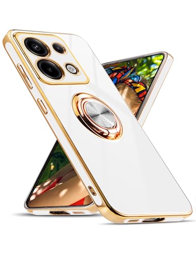 Jusy Hülle für Xiaomi Redmi Note 13 Pro 5G / Poco X6 (Nicht für Note 13 Pro 4G),mit 360° Drehring, Magnetständer - Stoßfestes Gehäuse mit luxuriösem Glanz-Finish und Elektroplattierung, Weiß/Gold von Jusy