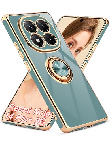 Jusy für Xiaomi Redmi Note 14 Pro Plus 5G Hülle mit 360° Drehring und Magnetständer,Handyhülle Redmi Note 14 Pro+ 5G mit Luxuriösem Glanz-Finish und Elektroplattierung,Grau/Gold von Jusy