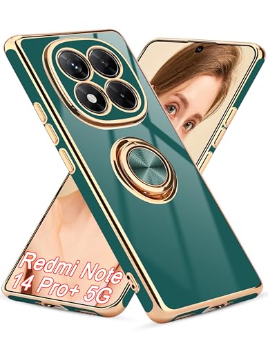 Jusy für Xiaomi Redmi Note 14 Pro Plus 5G Hülle mit 360° Drehring und Magnetständer,Handyhülle Redmi Note 14 Pro+ 5G mit Luxuriösem Glanz-Finish und Elektroplattierung,Grün/Gold von Jusy