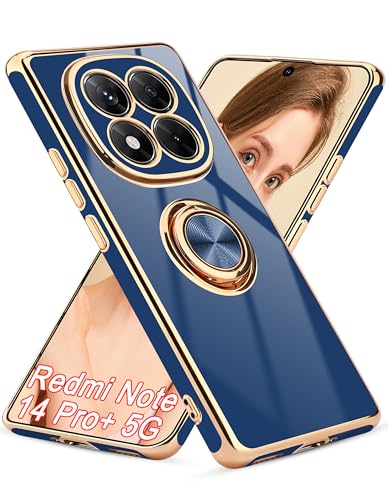 Jusy für Xiaomi Redmi Note 14 Pro Plus 5G Hülle mit 360° Drehring und Magnetständer,Handyhülle Redmi Note 14 Pro+ 5G mit Luxuriösem Glanz-Finish und Elektroplattierung,Marineblau/Gold von Jusy