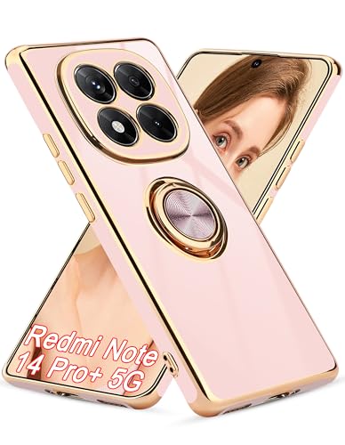 Jusy für Xiaomi Redmi Note 14 Pro Plus 5G Hülle mit 360° Drehring und Magnetständer,Handyhülle Redmi Note 14 Pro+ 5G mit Luxuriösem Glanz-Finish und Elektroplattierung,Rosa/Gold von Jusy