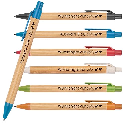 10x Kugelschreiber aus Bambus mit Wunschgravur | Nachhaltig | Emojis möglich | Blauschreibend | farbige Applikationen aus Weizenstroh | Werbekugelschreiber (Blau) von Juwelier Schönschmied