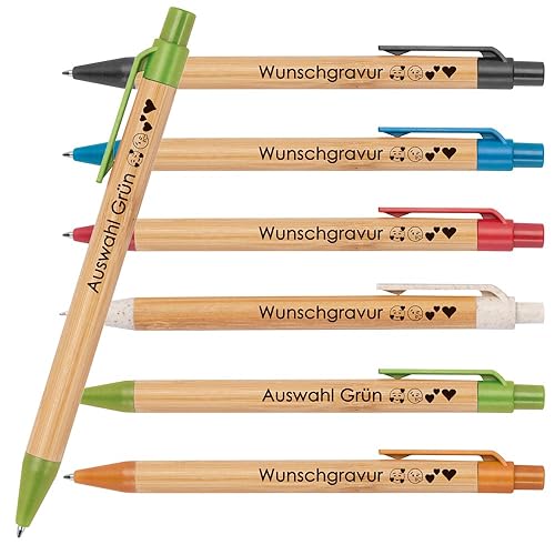 10x Kugelschreiber aus Bambus mit Wunschgravur | Nachhaltig | Emojis möglich | Blauschreibend | farbige Applikationen aus Weizenstroh | Werbekugelschreiber (Grün) von Juwelier Schönschmied