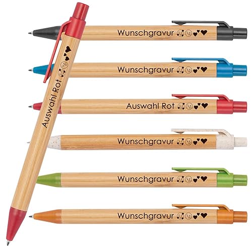 10x Kugelschreiber aus Bambus mit Wunschgravur | Nachhaltig | Emojis möglich | Blauschreibend | farbige Applikationen aus Weizenstroh | Werbekugelschreiber (Rot) von Juwelier Schönschmied