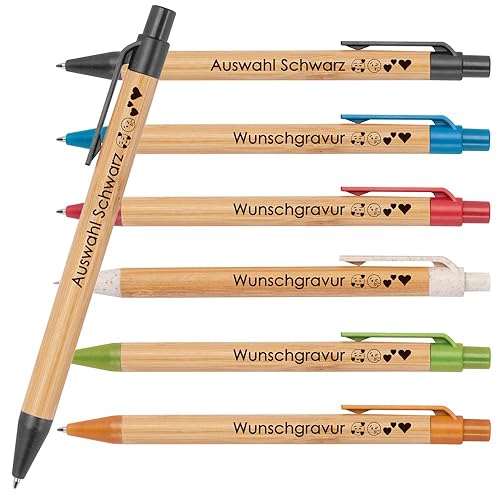 10x Kugelschreiber aus Bambus mit Wunschgravur | Nachhaltig | Emojis möglich | Blauschreibend | farbige Applikationen aus Weizenstroh | Werbekugelschreiber (Schwarz) von Juwelier Schönschmied
