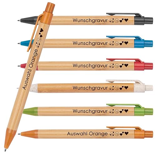 25x Kugelschreiber aus Bambus mit Wunschgravur | Nachhaltig | Emojis möglich | Blauschreibend | farbige Applikationen aus Weizenstroh | Werbekugelschreiber (Orange) von Juwelier Schönschmied