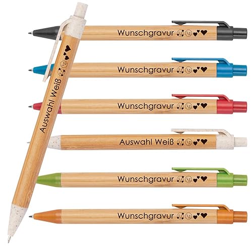 25x Kugelschreiber aus Bambus mit Wunschgravur | Nachhaltig | Emojis möglich | Blauschreibend | farbige Applikationen aus Weizenstroh | Werbekugelschreiber (Weiß) von Juwelier Schönschmied