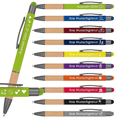 Kugelschreiber mit Gravur mit Bambusgriffzone | blau schreibend | Touchfunktion | Wunschgravur mit Emojis möglich | Werbekugelschreiber personalisiert (Apfelgrün, 100 Stück) von Juwelier Schönschmied