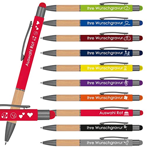 Kugelschreiber mit Gravur mit Bambusgriffzone | blau schreibend | Touchfunktion | Wunschgravur mit Emojis möglich | Werbekugelschreiber personalisiert (Rot, 25 Stück) von Juwelier Schönschmied