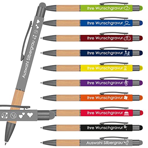 Kugelschreiber mit Gravur mit Bambusgriffzone | blau schreibend | Touchfunktion | Wunschgravur mit Emojis möglich | Werbekugelschreiber personalisiert (Silbergrau, 10 Stück) von Juwelier Schönschmied