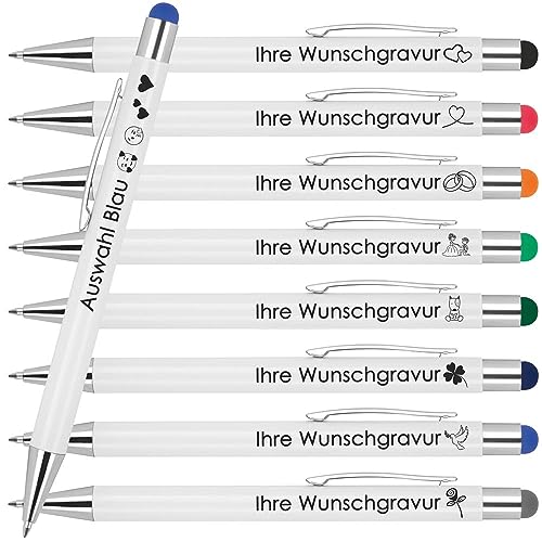 Kugelschreiber mit Wunschgravur | Werbekugelschreiber Personalisiert | Schreiben & Touchfunktion | Gummierter Oberfläche | Wunschsmbol Laser-Gravur 10 Stück Blau von Juwelier Schönschmied